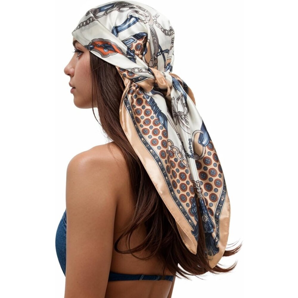 Women's Beige/Blue Head Scarf Like Silk Printed Square Hair Bandanas 35 Inches